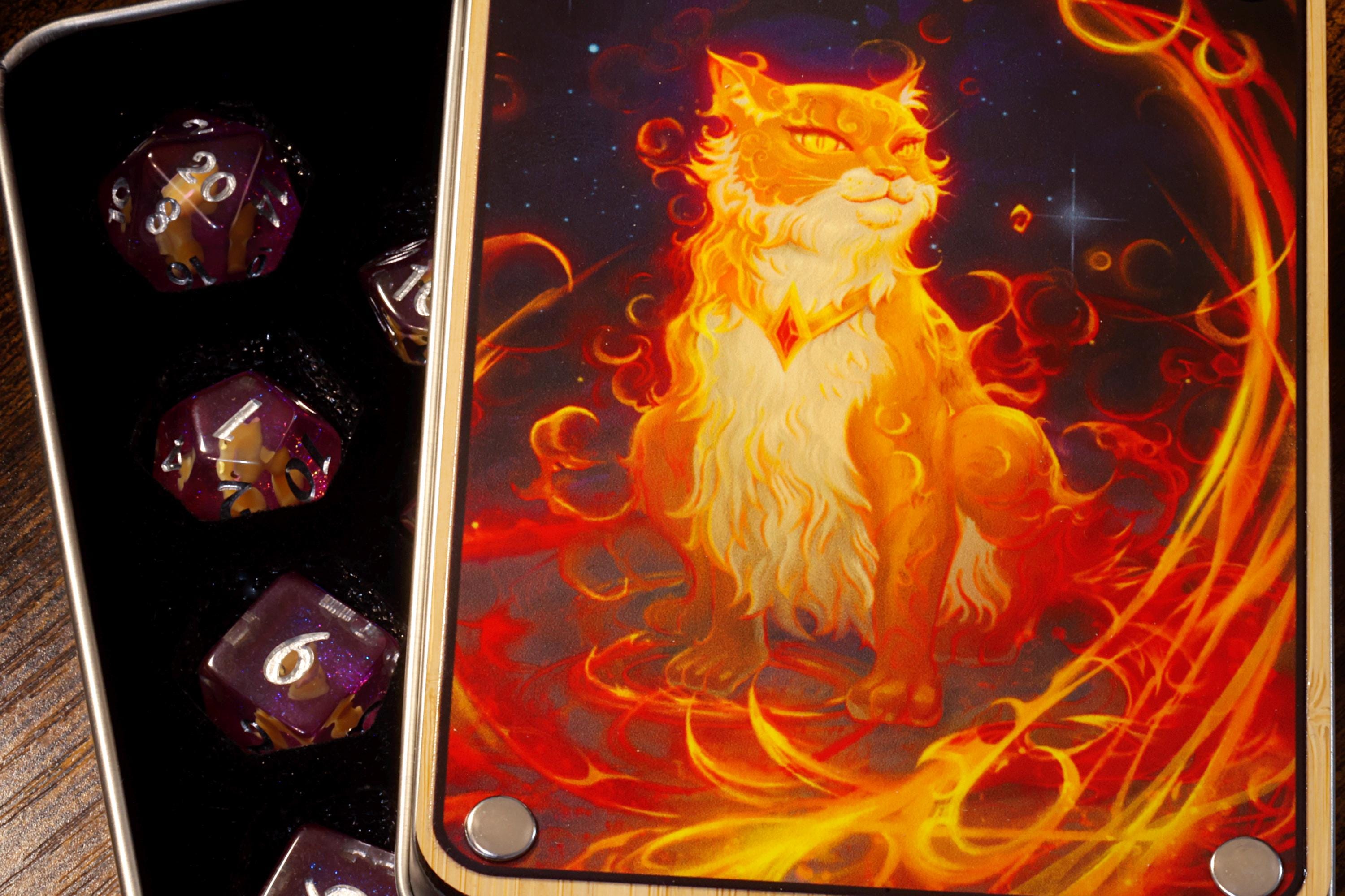 Flameborn Cat Dice Box with 11-Piece Orange Cat Dice Set