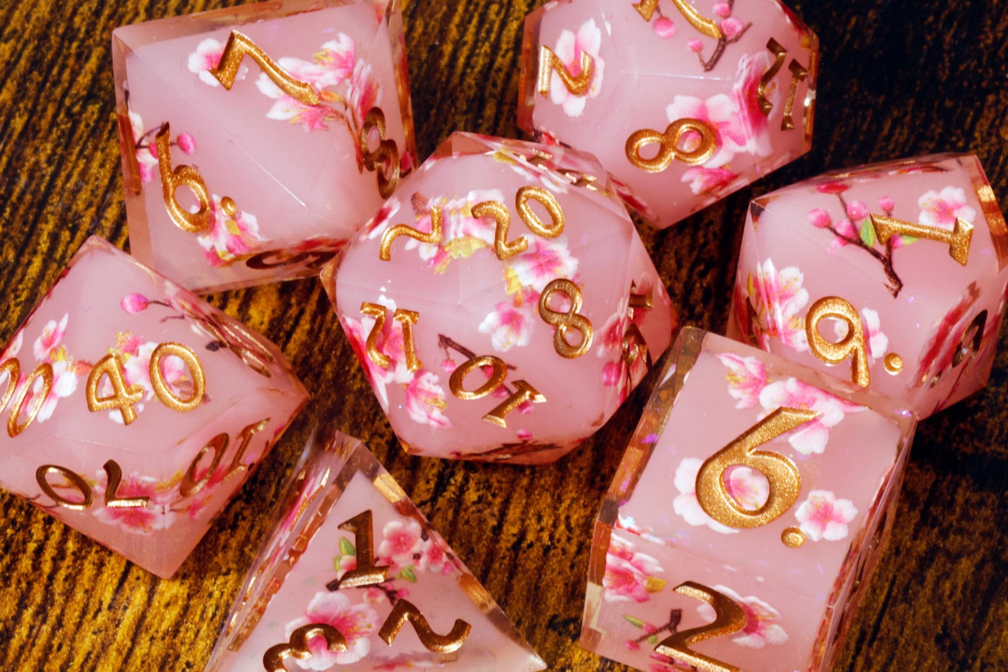 Sakura Dice Set – Sharp Edge Resin Dice with Jewel Box