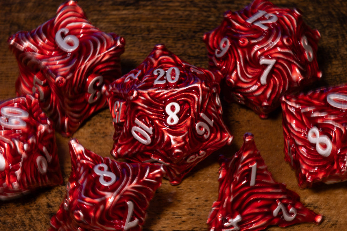 Vortex 7-Piece Metal Dice Set – Red with White Numbers