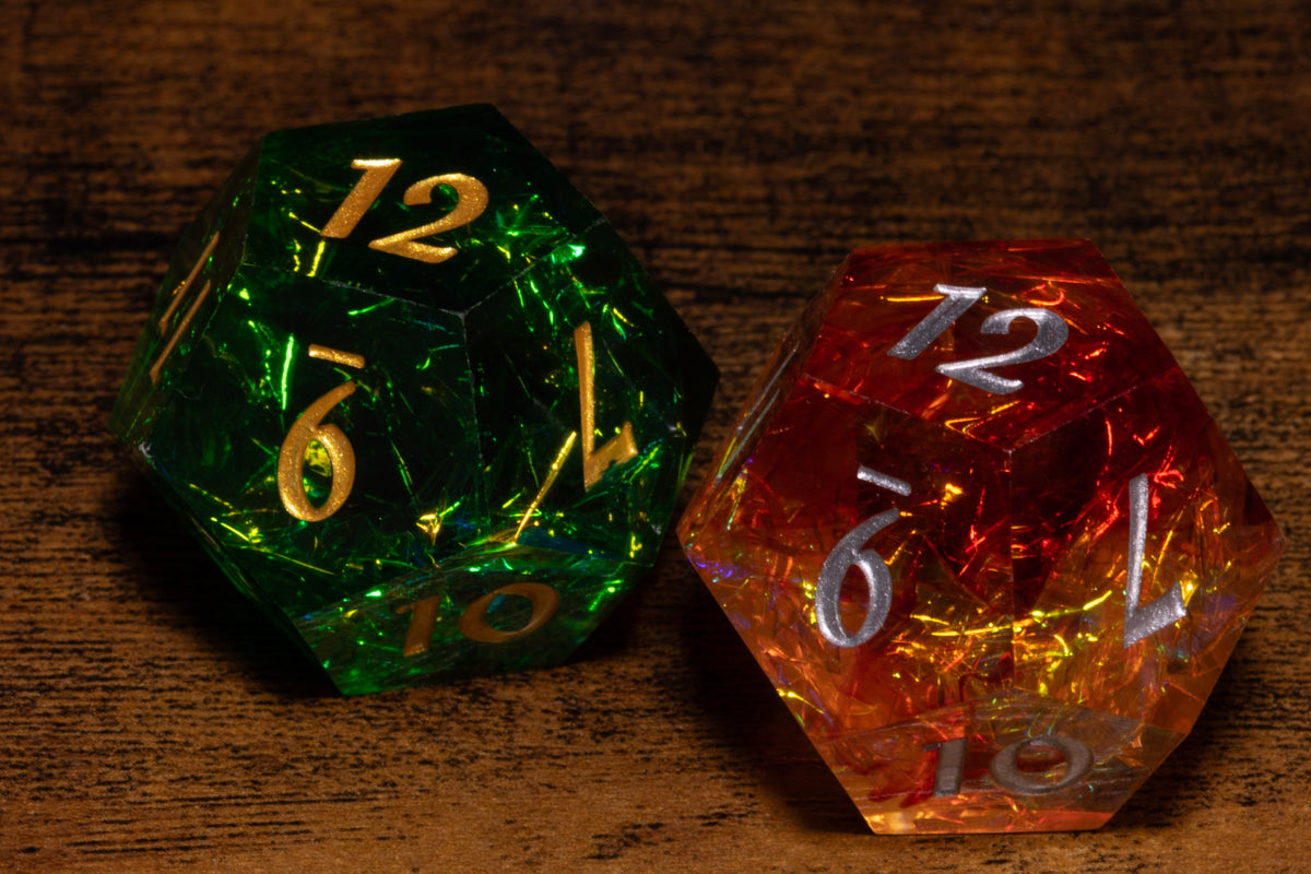 Hope & Fear D12 Set – Sacred Emerald + Fire Opal – Sharp-Edge Resin Duality Dice for Daggerheart