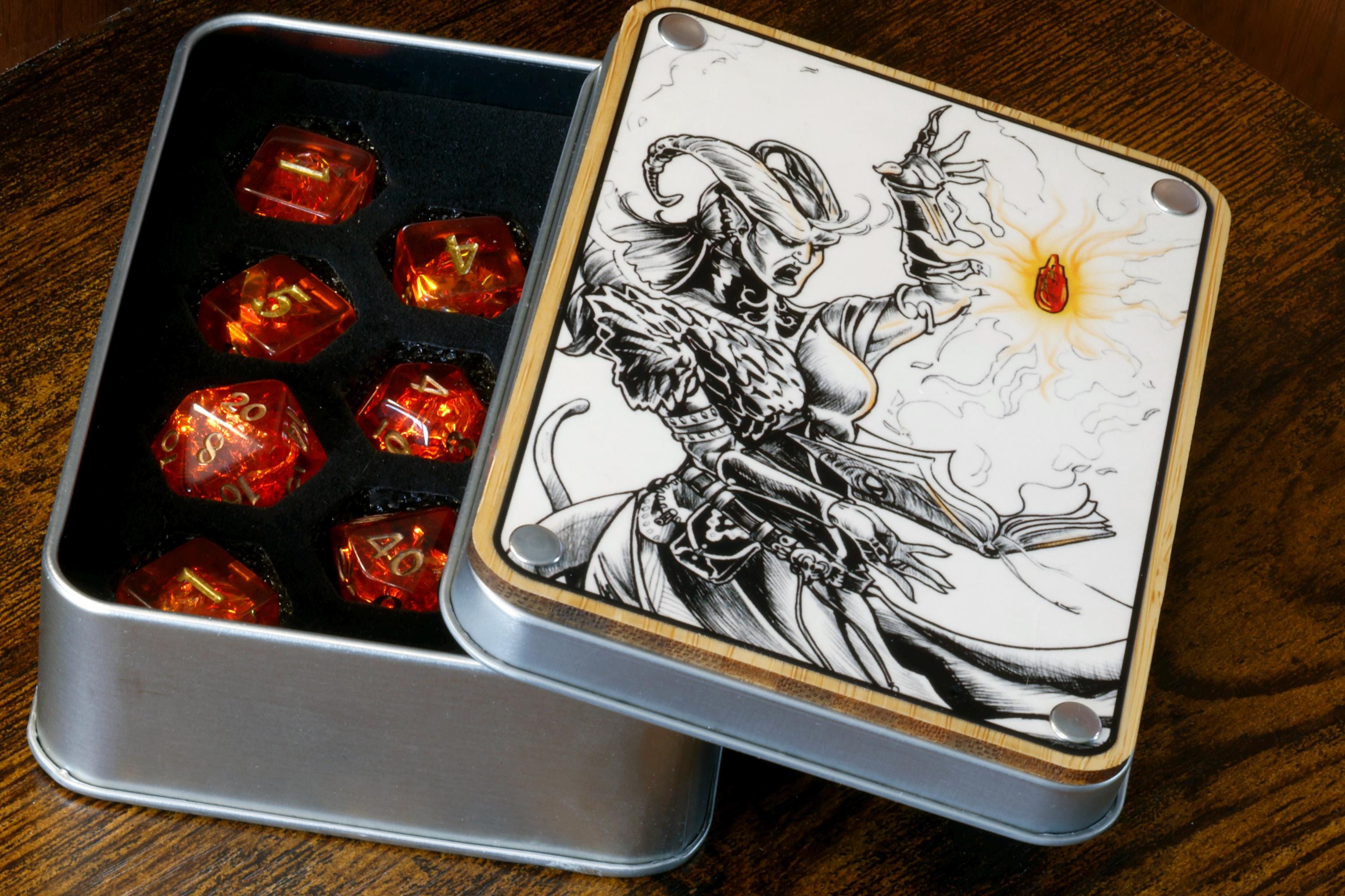 Pyromancer Ritual Dice Box and  11-Piece Fire Opal Dice Set