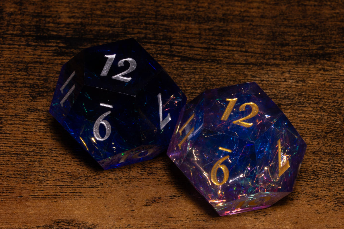 Hope & Fear D12 Set – Sacred Sapphire + Sacred Amethyst – Sharp-Edge Resin Duality Dice for Daggerheart