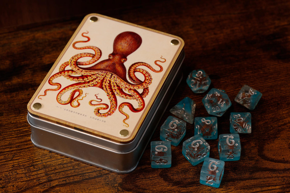 Natural History Octopus Dice Box & 11-Piece Set – Octopus Inclusions on Blue Layer