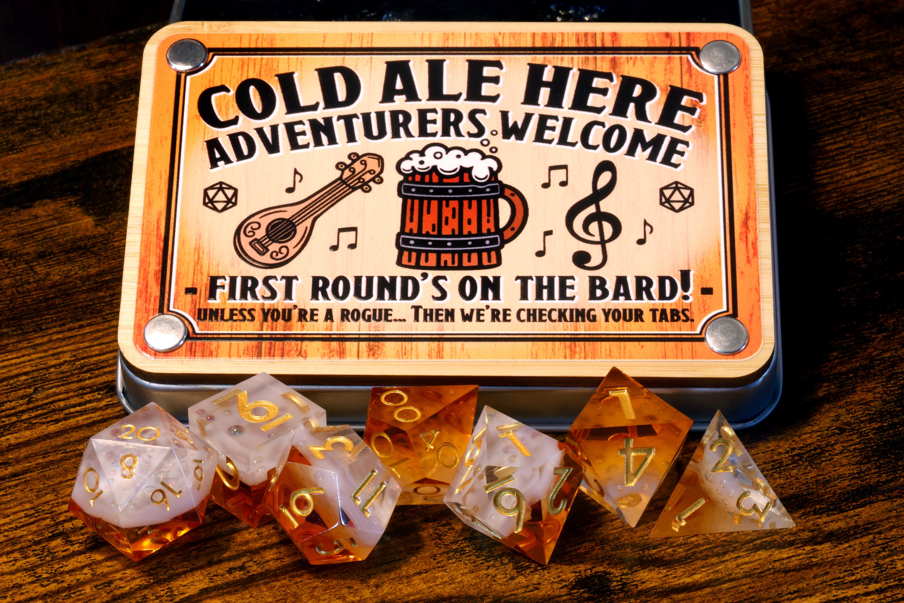 Bard’s Brew 7-piece dice set with decorative Cold Ale Here bard box