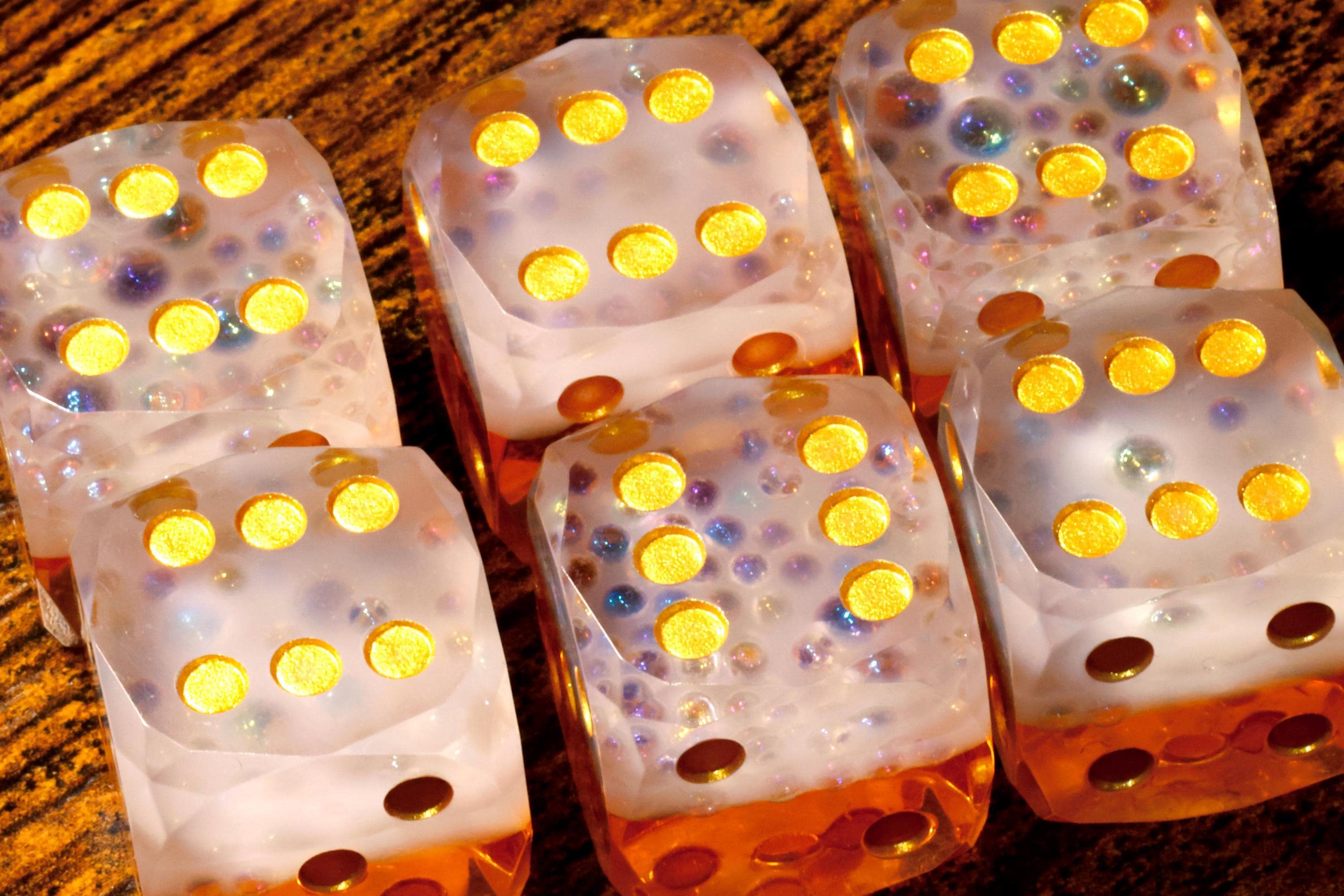 Bard's Brew sharp-edge PIP D6 dice with beer-inspired resin and holographic foil