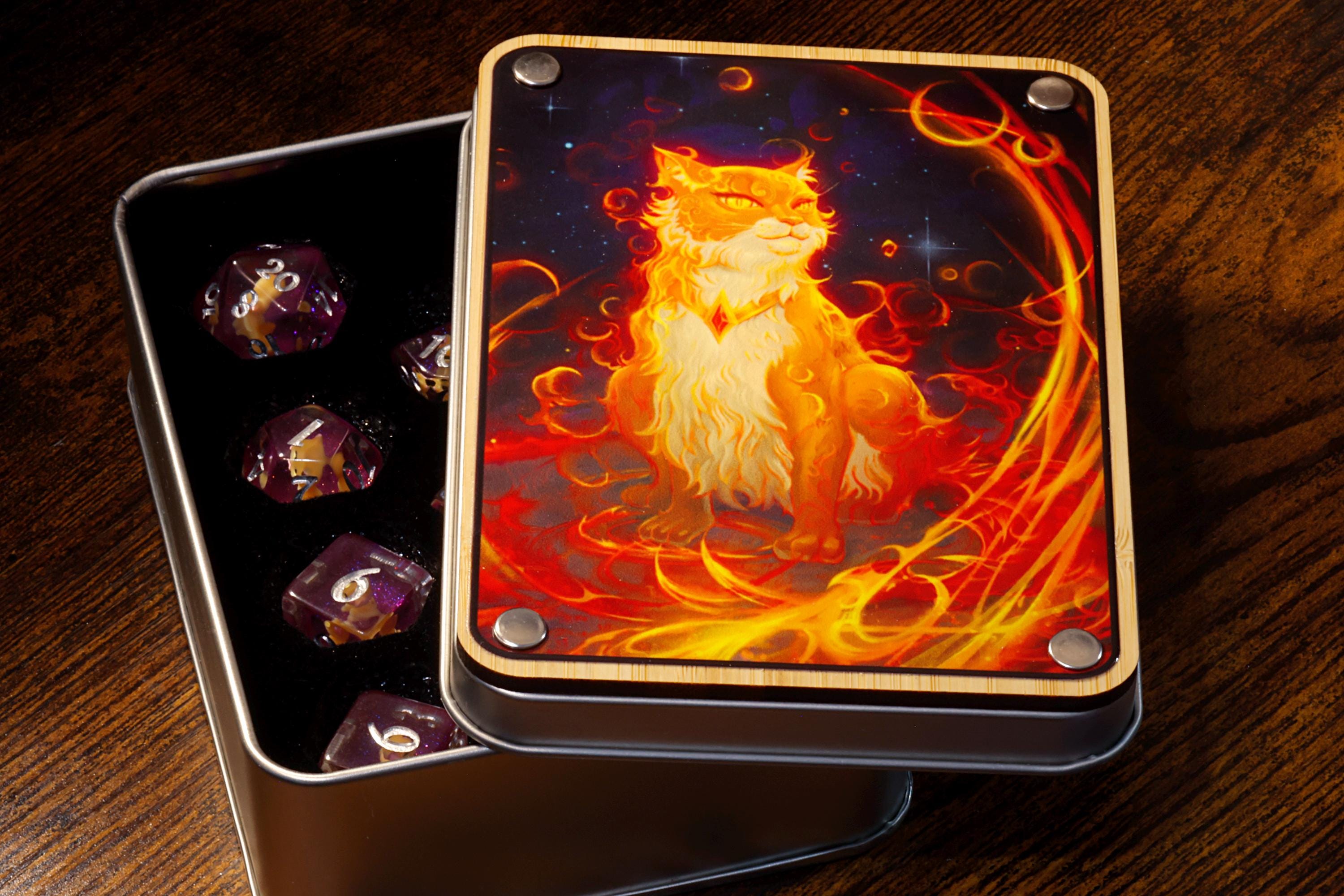 Flameborn Cat Dice Box with 11-Piece Orange Cat Dice Set