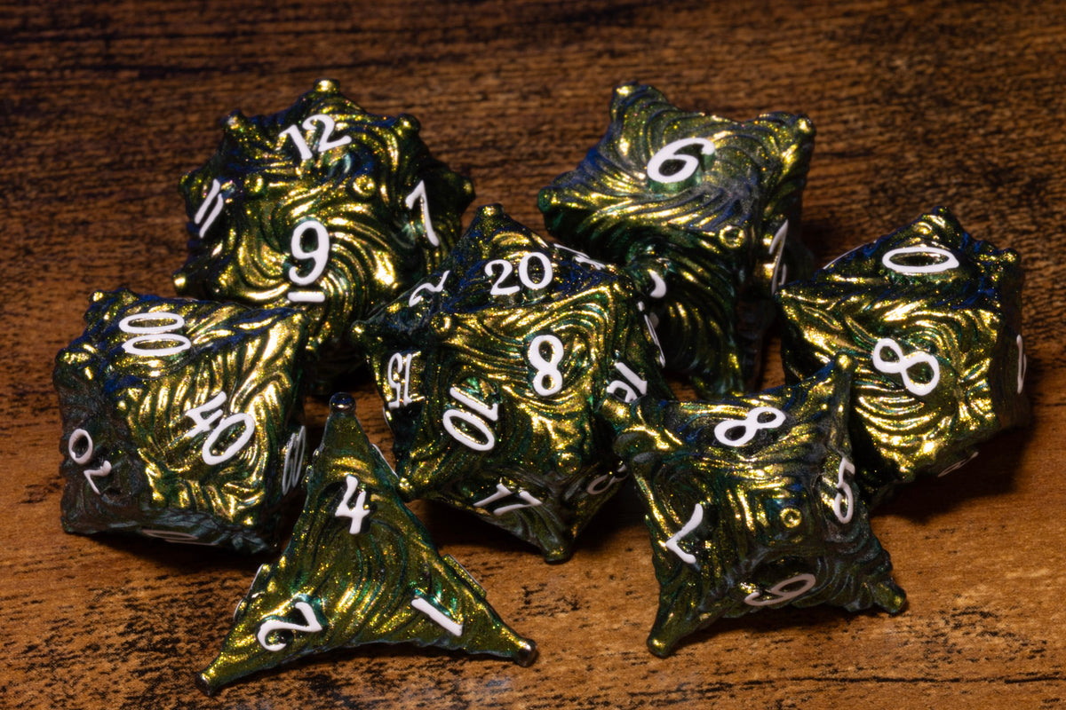 Vortex 7-Piece Metal Dice Set – Lime Green with White Numbers