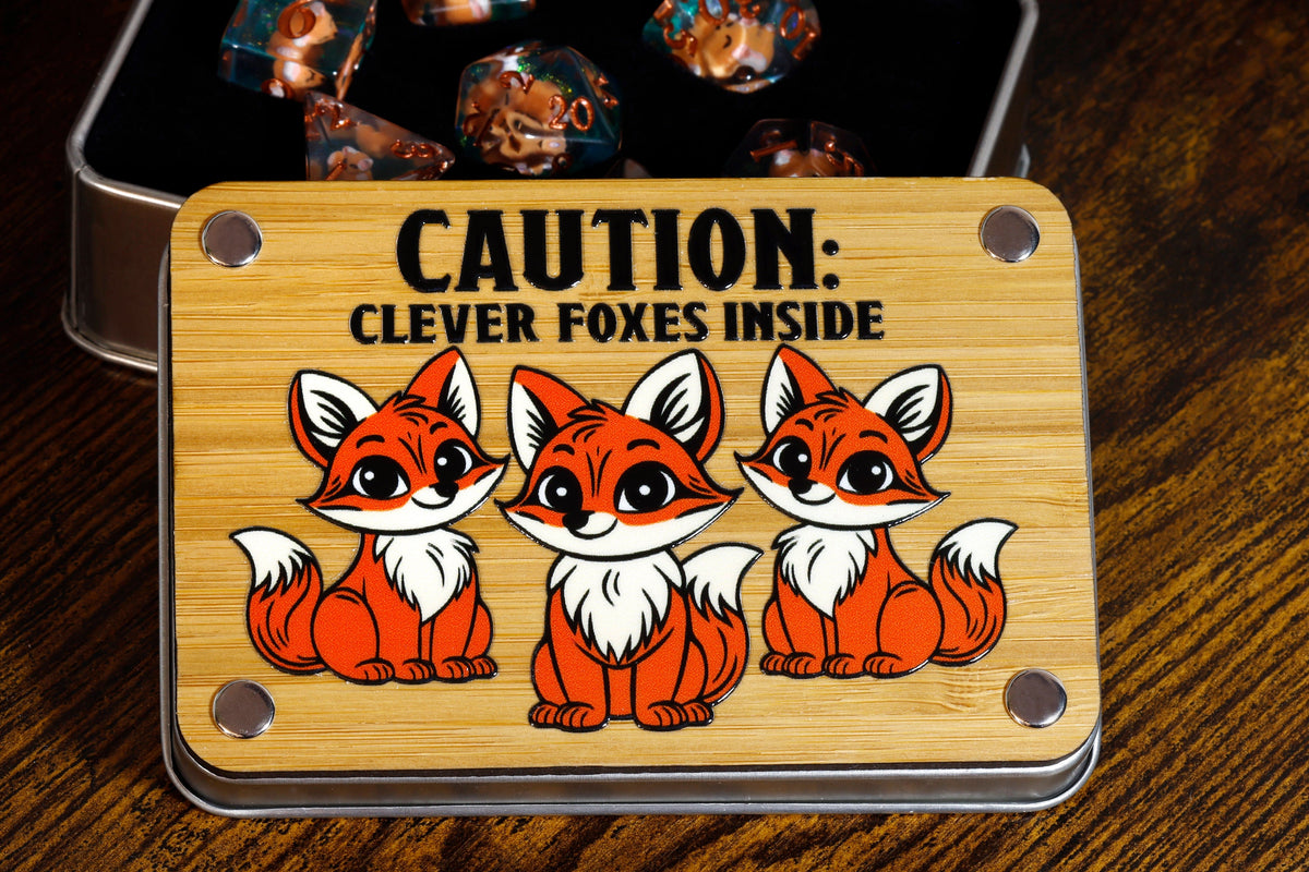 Fox Dice Set & Box – Red Fox Cubs on Green Glitter Layer