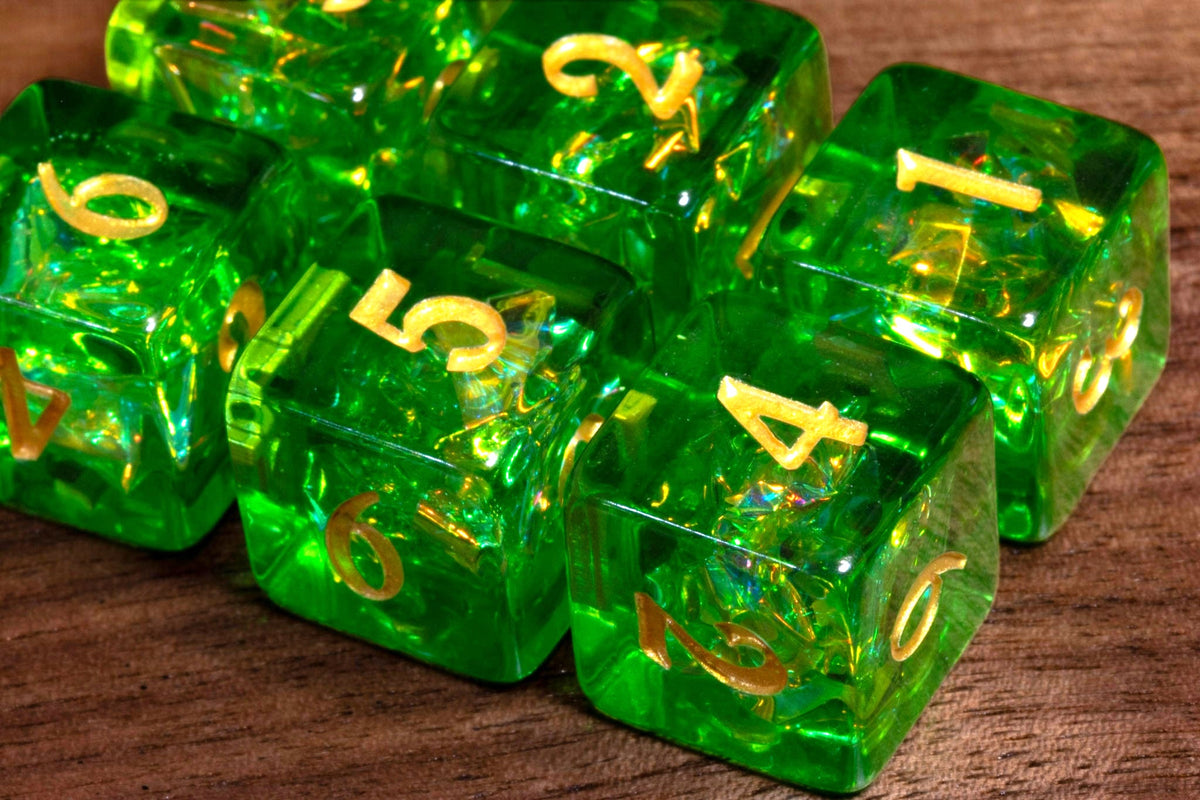 Canopy Opal D6 Dice – Green Holographic Foil, Gold Font - The Wizard's Vault