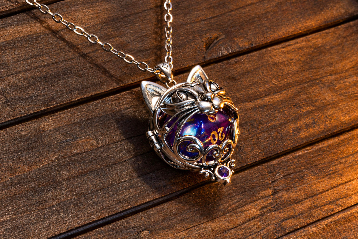 Cat pendant in a silver finish, closed, holding a Mystic Opal D20 with gold numbers, hanging on its chain on wood