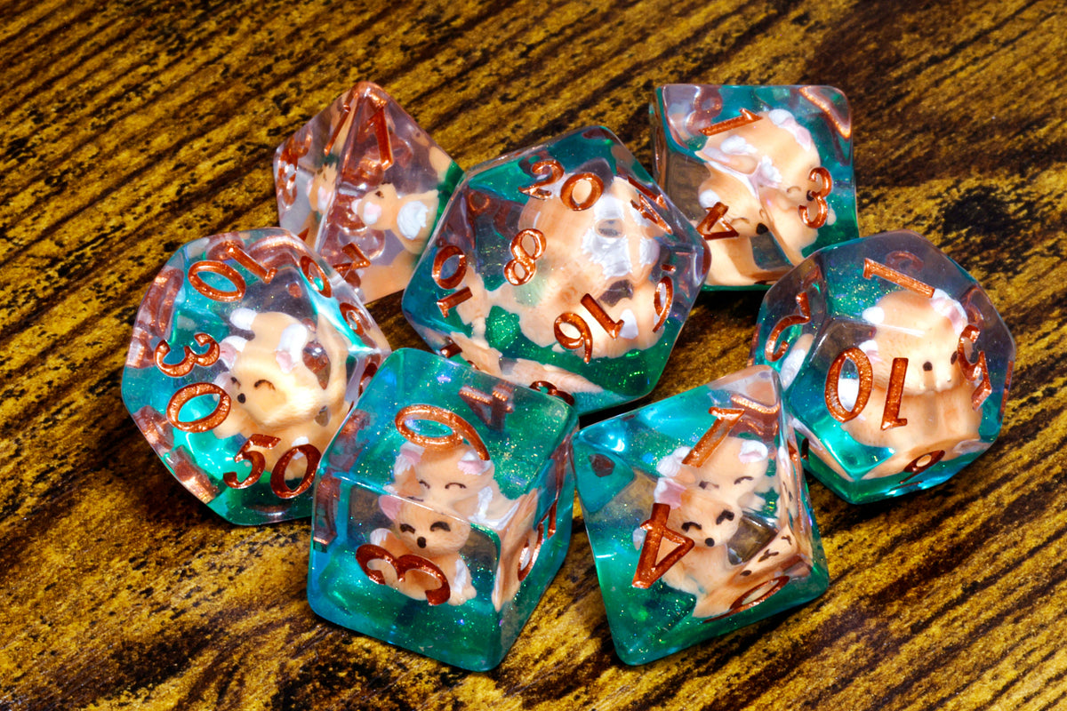 Fox Dice Set & Box – Red Fox Cubs on Green Glitter Layer