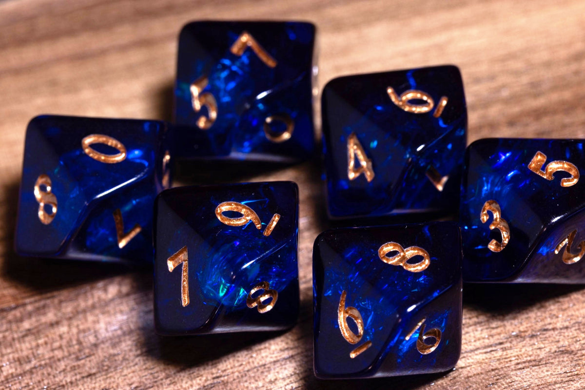 Cobalt Opal D10 Dice – Dark Blue Holographic Foil, Gold Font - The Wizard's Vault