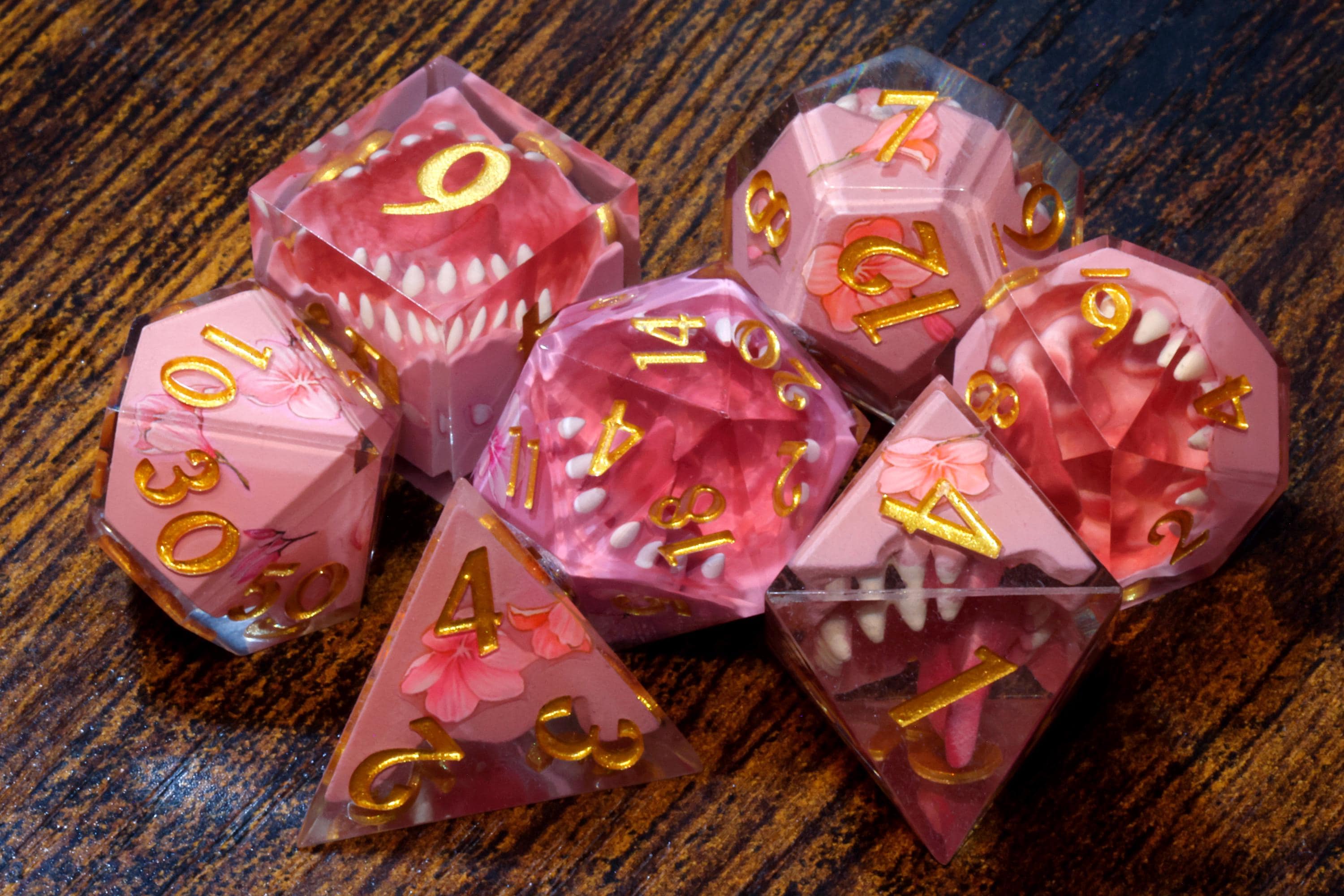 Sakura Mimic Dice Set – Sharp Edge Resin Dice - The Wizard's Vault
