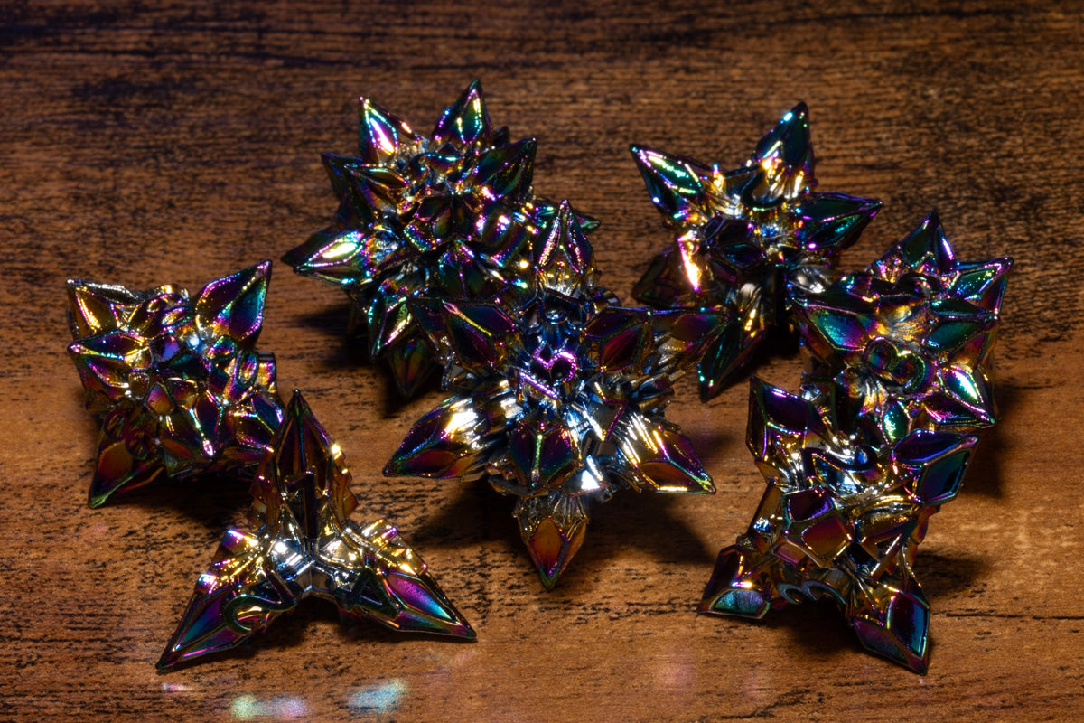 Blooming Stars 7-Piece Metal Dice Set – Rainbow Iridescent