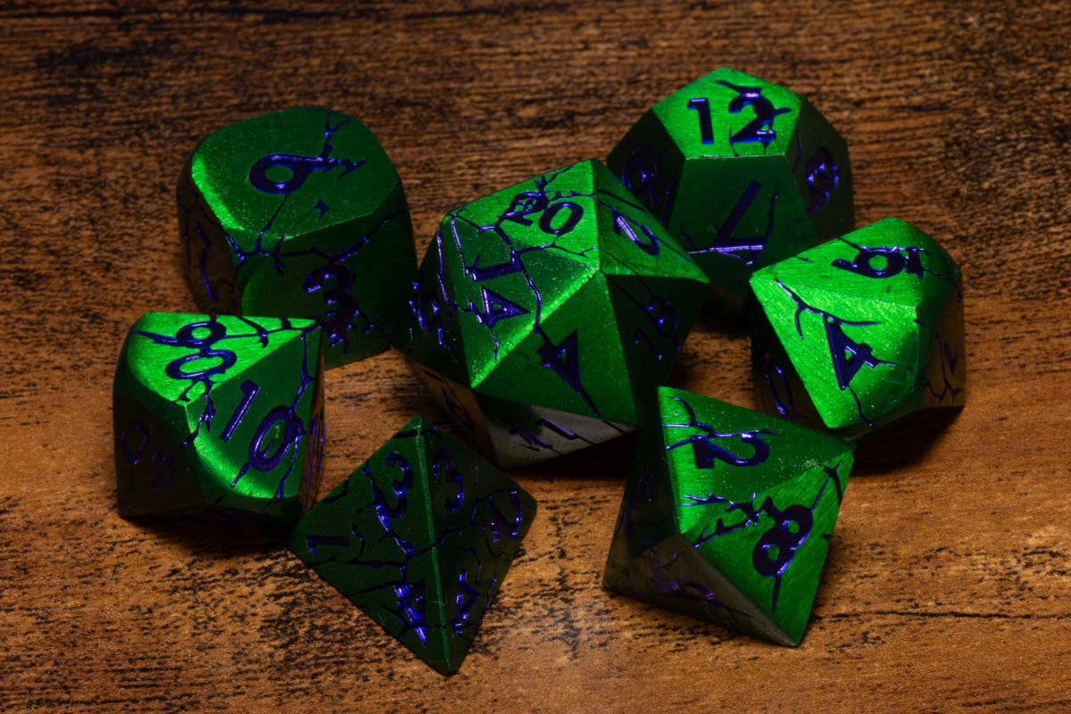 Meteor Shard 7-Piece Metal Dice Set – Green with Purple Numbers