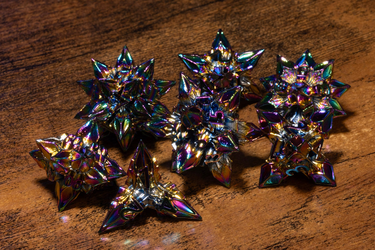 Blooming Stars 7-Piece Metal Dice Set – Rainbow Iridescent