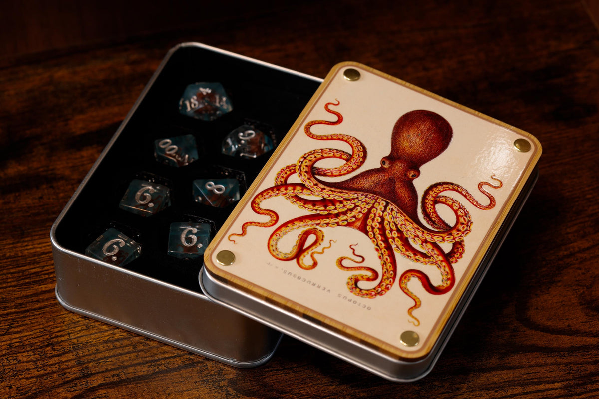 Natural History Octopus Dice Box & 11-Piece Set – Octopus Inclusions on Blue Layer