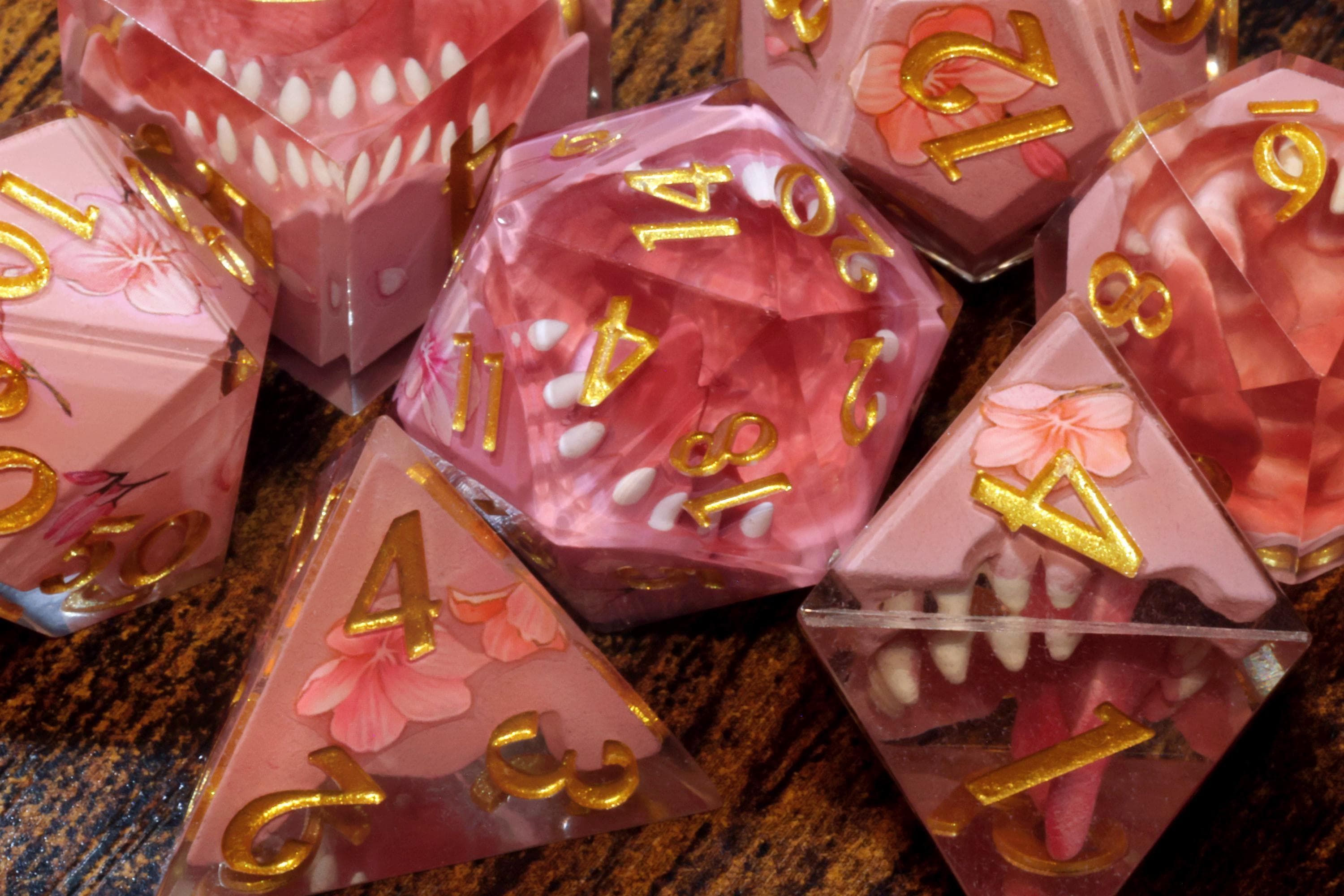 Sakura Mimic Dice Set – Sharp Edge Resin Dice - The Wizard's Vault