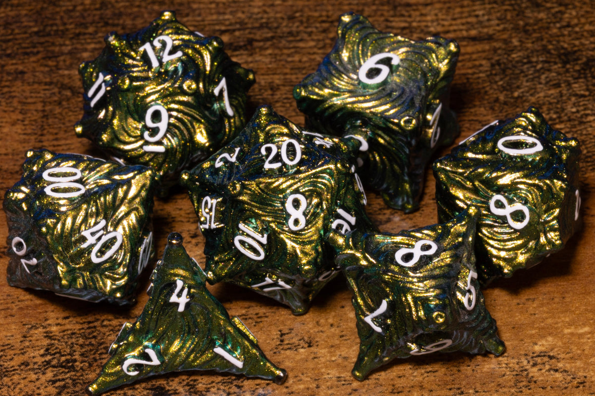 Vortex 7-Piece Metal Dice Set – Lime Green with White Numbers