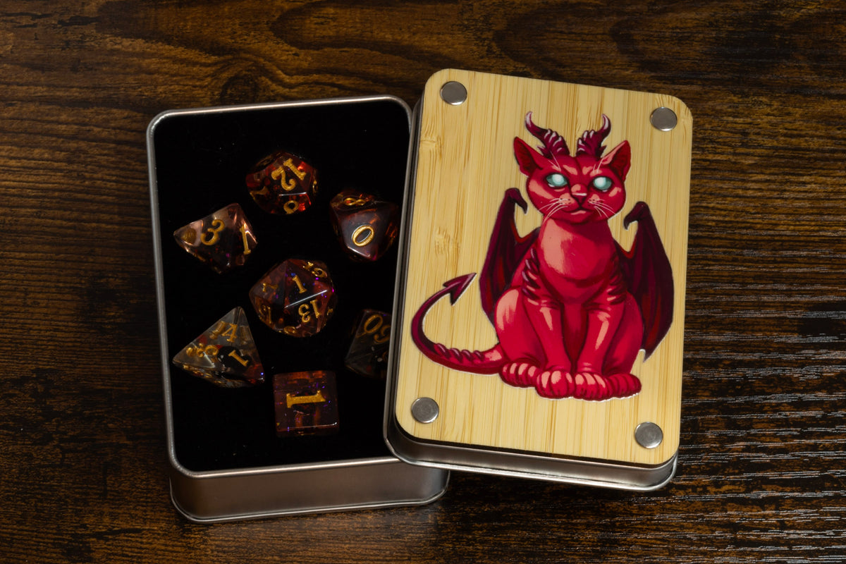 Demonic Cat dice box with Demonic Cat dice set - The Wizard's Vault