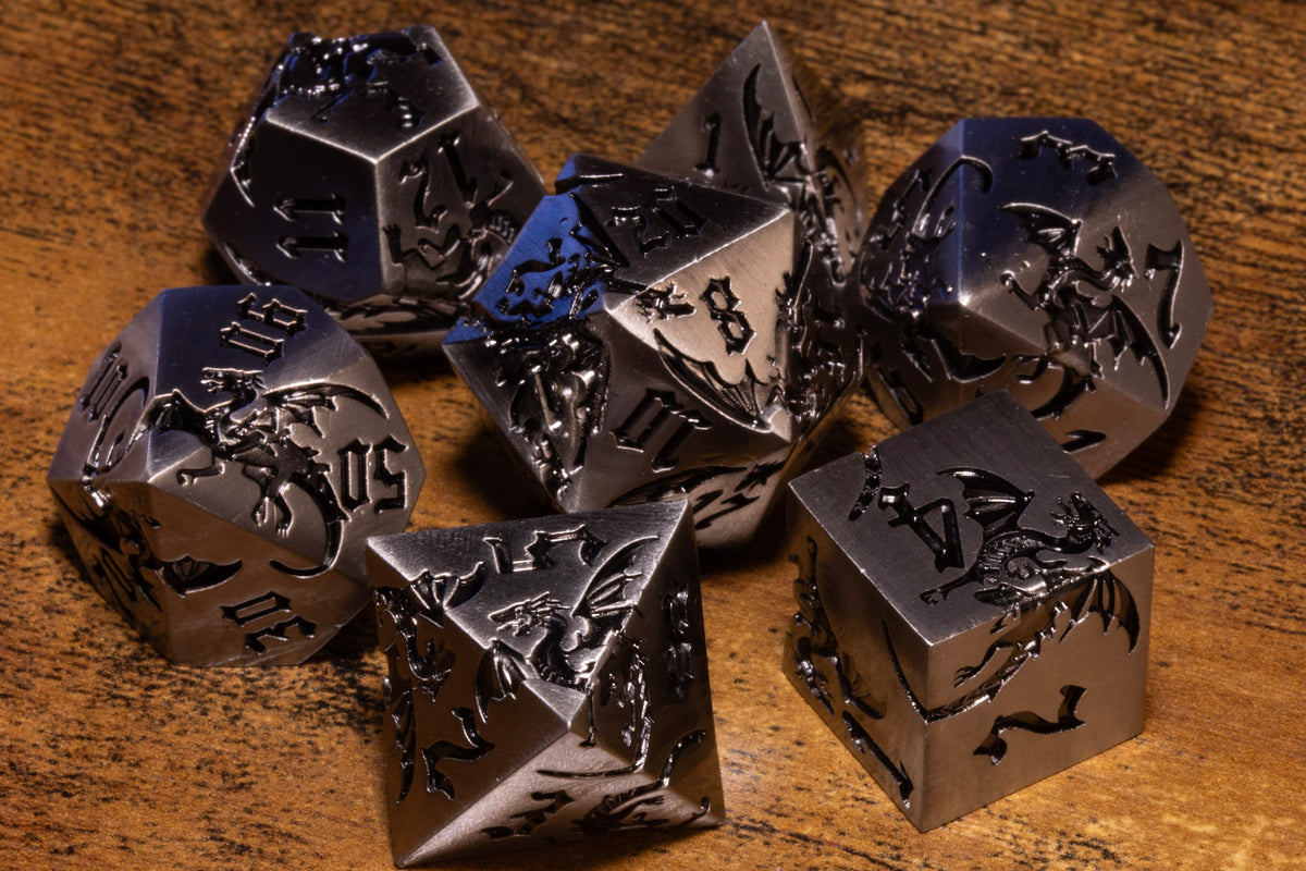Dragoncore 7-Piece Metal Dice Set – Antique Silver with Black Dragons – photo 3
