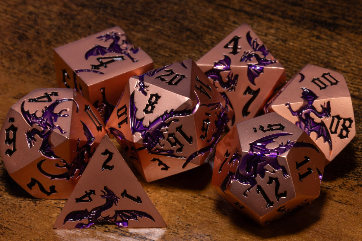 Dragoncore 7-Piece Metal Dice Set – Copper with Purple Dragons – photo 3