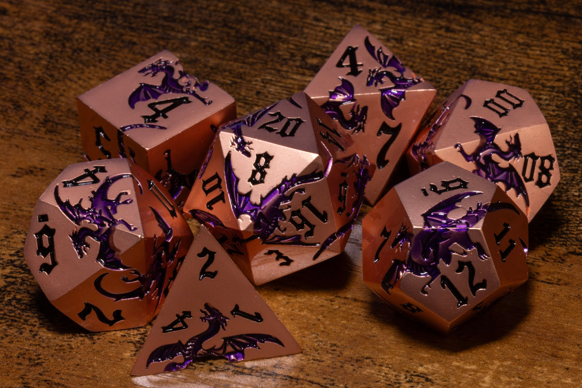 Dragoncore 7-Piece Metal Dice Set – Copper with Purple Dragons – photo 5