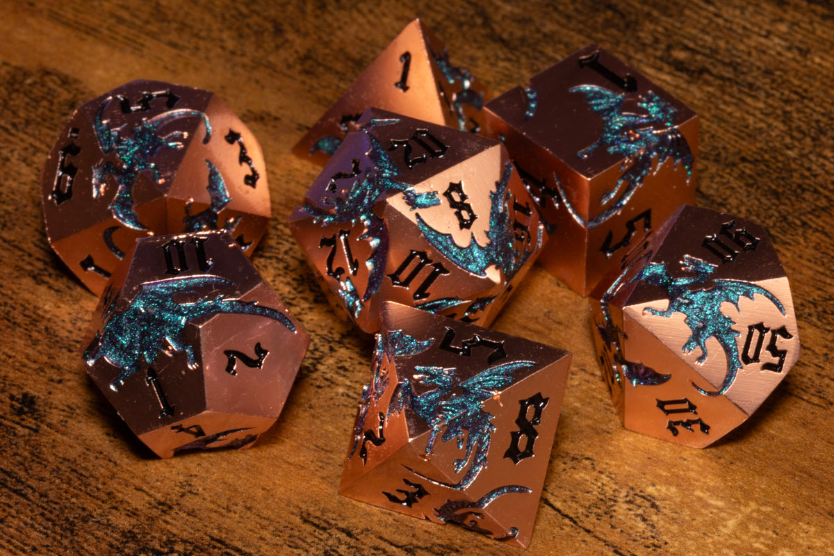 Dragoncore 7-Piece Metal Dice Set – Copper with Purple-Green Color-Shifting Dragons – photo 3