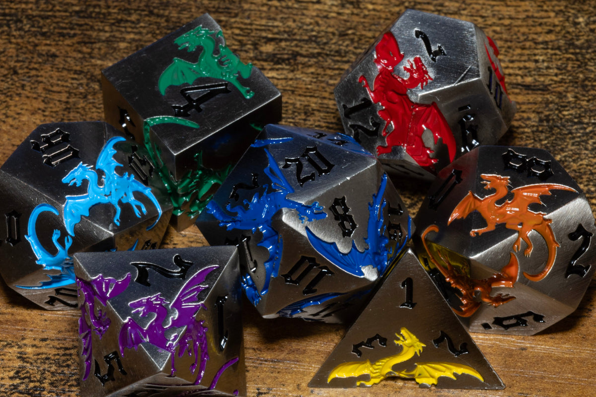 Dragoncore 7-Piece Metal Dice Set – Gunmetal with Rainbow Dragons – photo 1