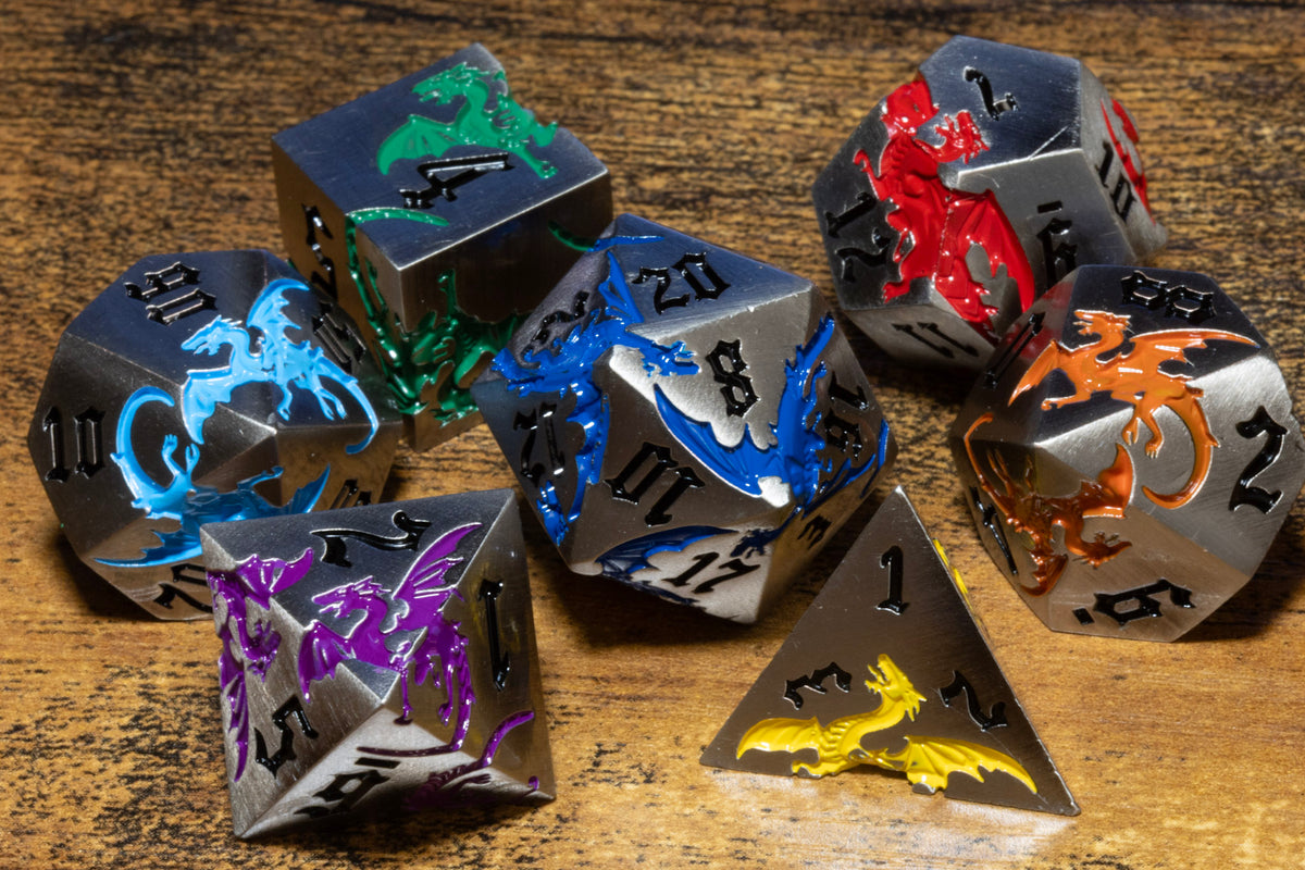 Dragoncore 7-Piece Metal Dice Set – Gunmetal with Rainbow Dragons – photo 3