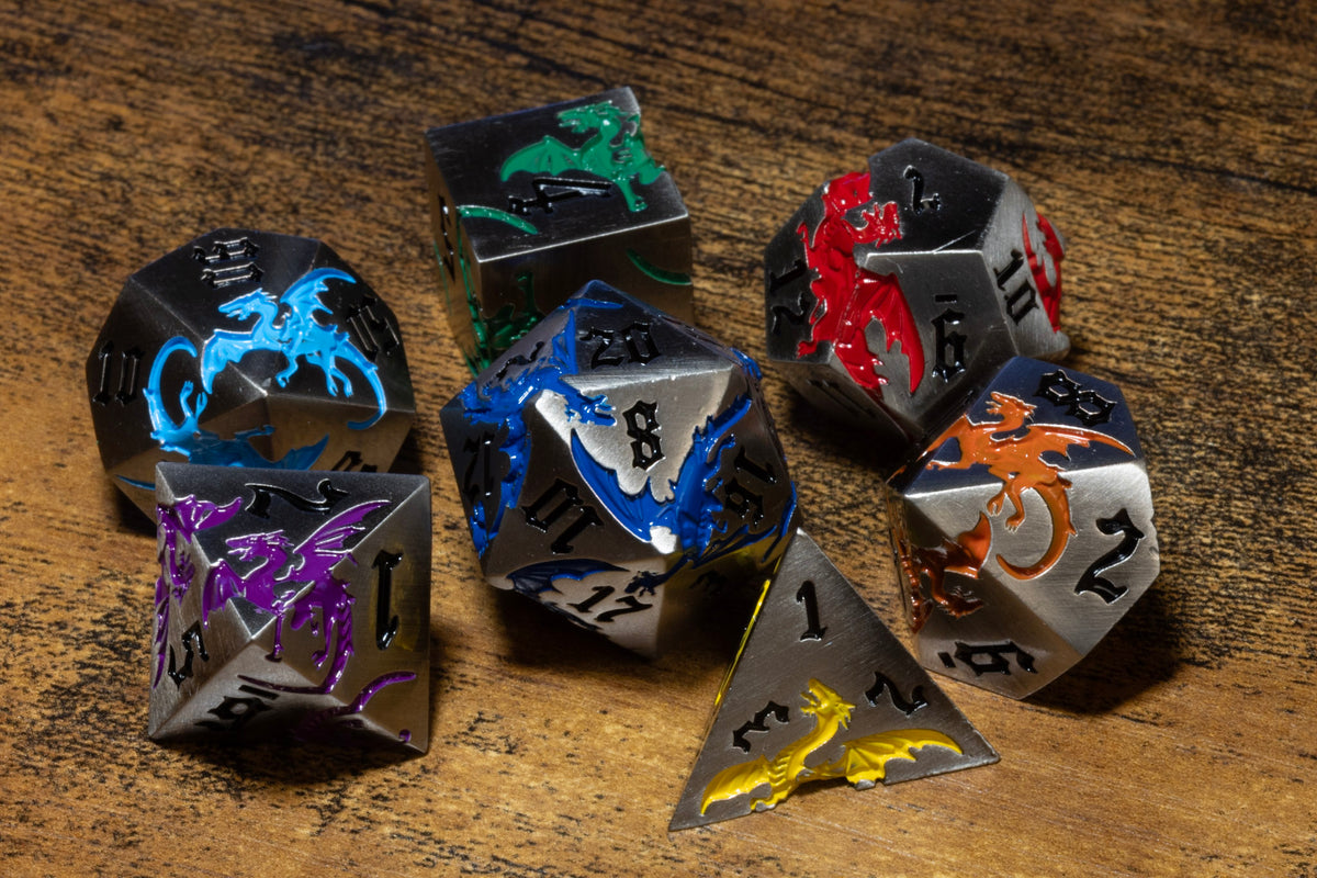 Dragoncore 7-Piece Metal Dice Set – Gunmetal with Rainbow Dragons – photo 5
