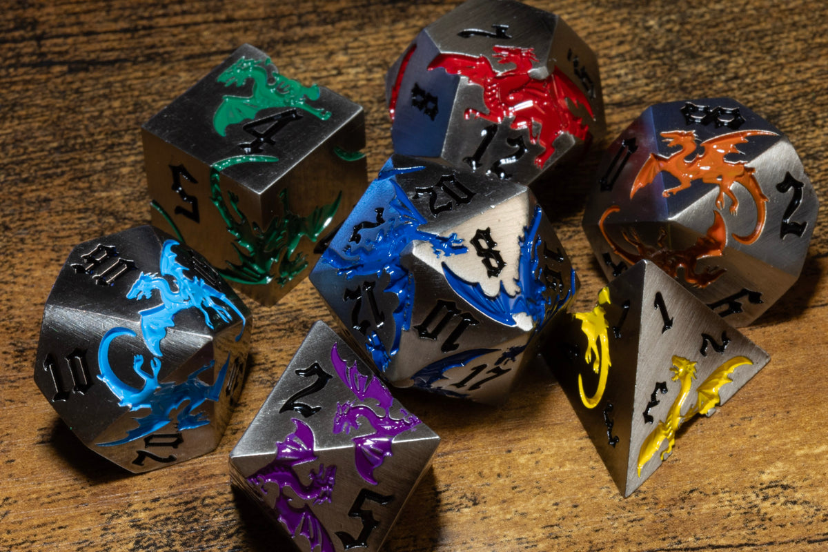 Dragoncore 7-Piece Metal Dice Set – Gunmetal with Rainbow Dragons – photo 6