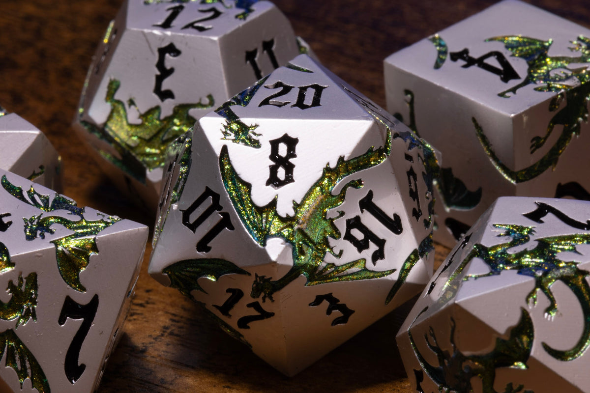 Dragoncore 7-Piece Metal Dice Set – Pearl Silver with Green Dragons – photo 2