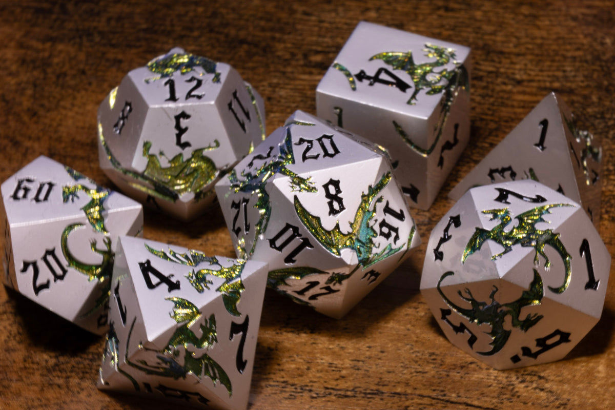 Dragoncore 7-Piece Metal Dice Set – Pearl Silver with Green Dragons – photo 4