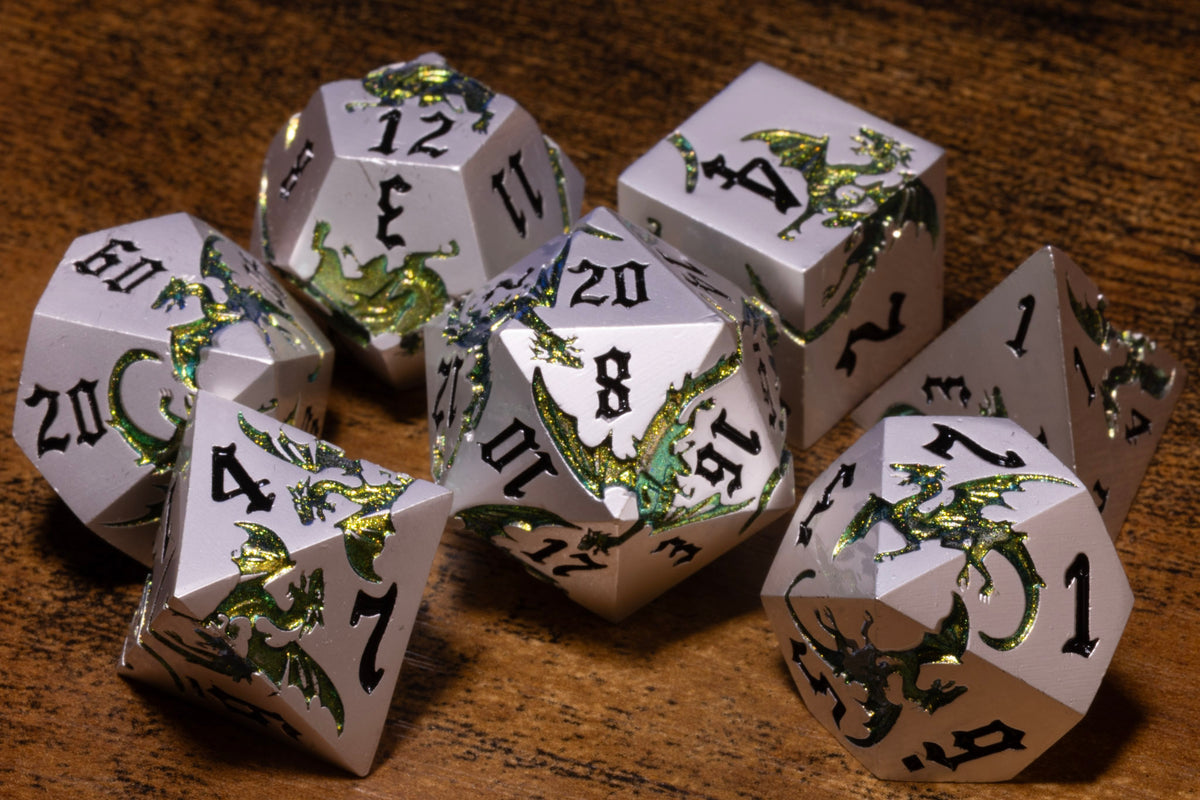 Dragoncore 7-Piece Metal Dice Set – Pearl Silver with Green Dragons – photo 5