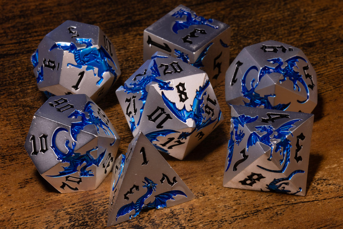 Dragoncore 7-Piece Metal Dice Set – Silver with Blue Dragons – photo 2