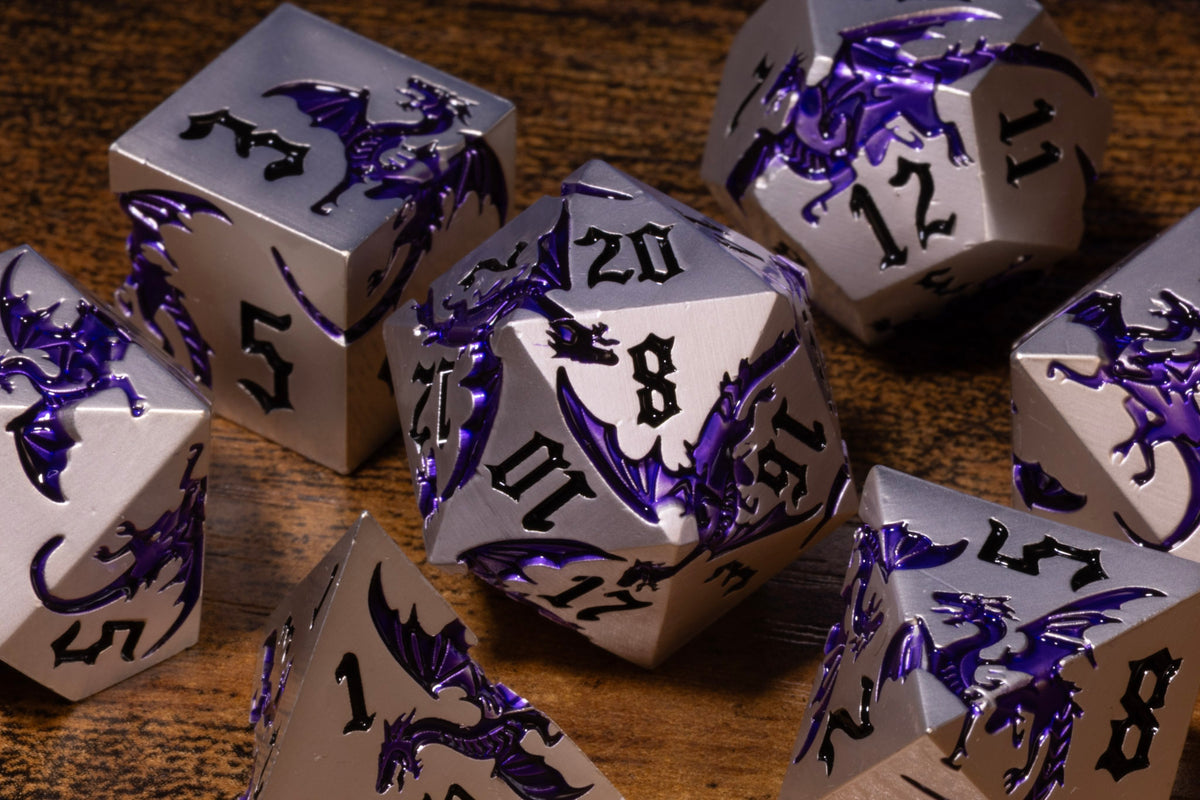Dragoncore 7-Piece Metal Dice Set – Silver with Purple Dragons – photo 1