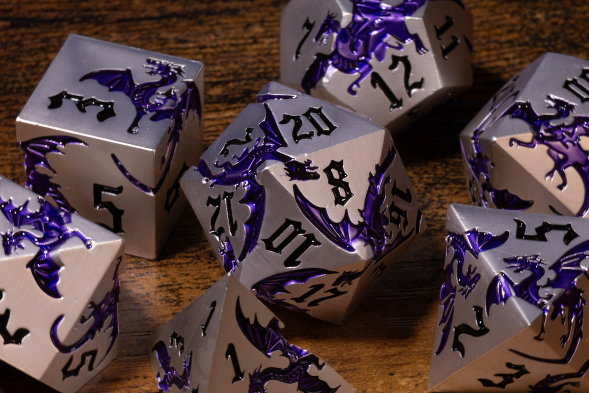 Dragoncore 7-Piece Metal Dice Set – Silver with Purple Dragons – photo 2