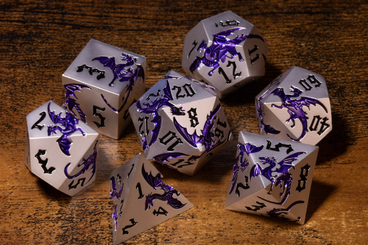 Dragoncore 7-Piece Metal Dice Set – Silver with Purple Dragons – photo 3
