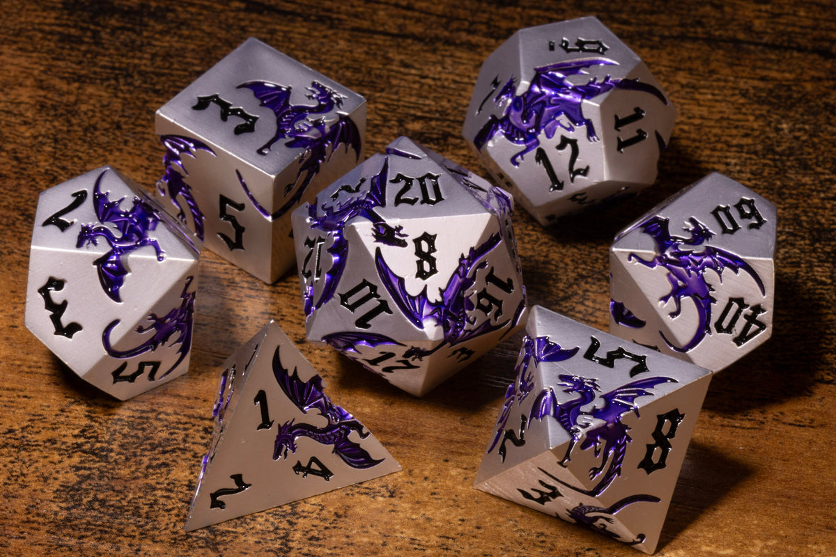 Dragoncore 7-Piece Metal Dice Set – Silver with Purple Dragons – photo 4
