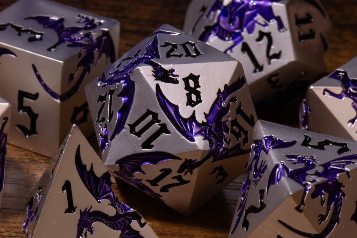 Dragoncore 7-Piece Metal Dice Set – Silver with Purple Dragons – photo 6