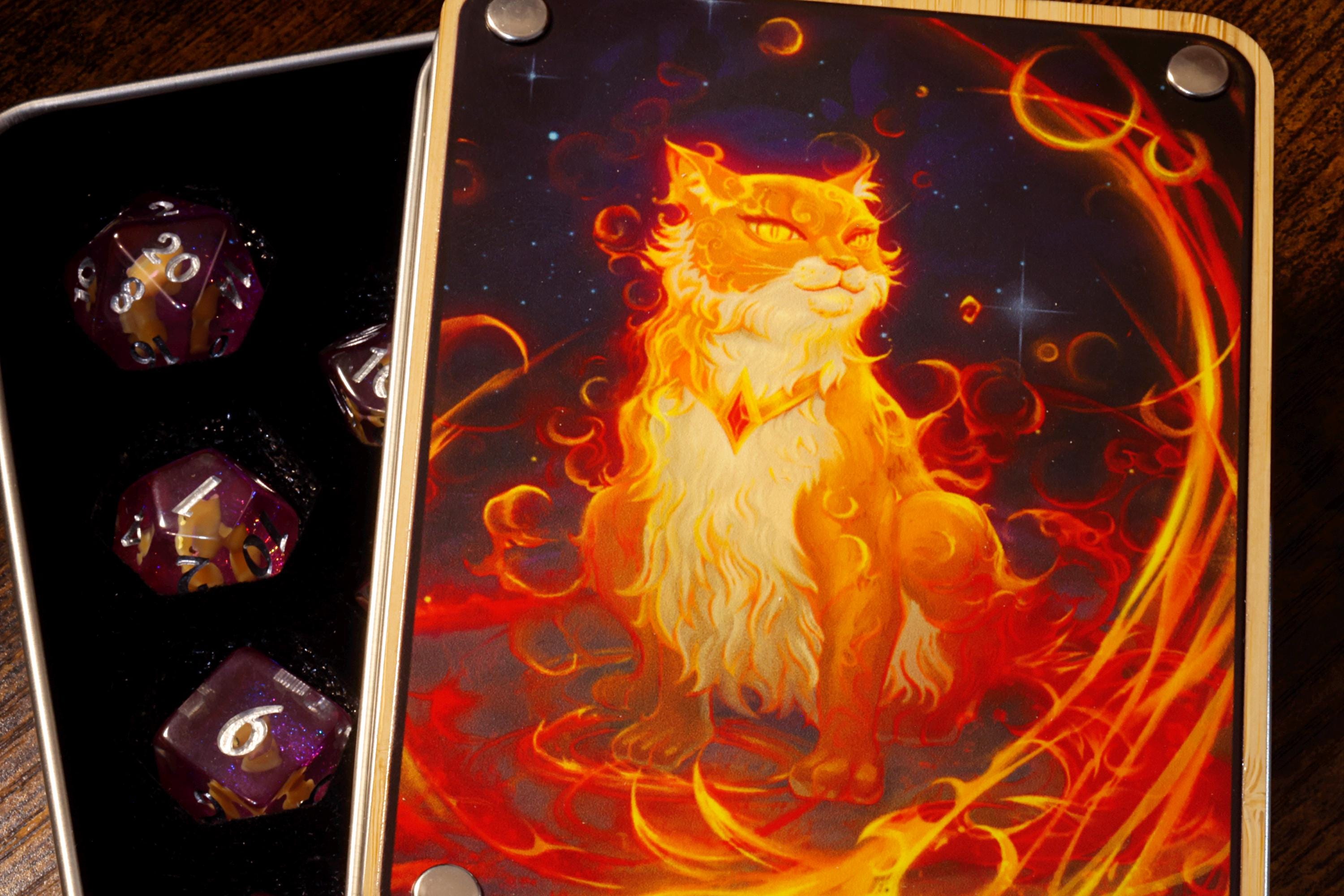 Flameborn Cat Dice Box with 11-Piece Orange Cat Dice Set