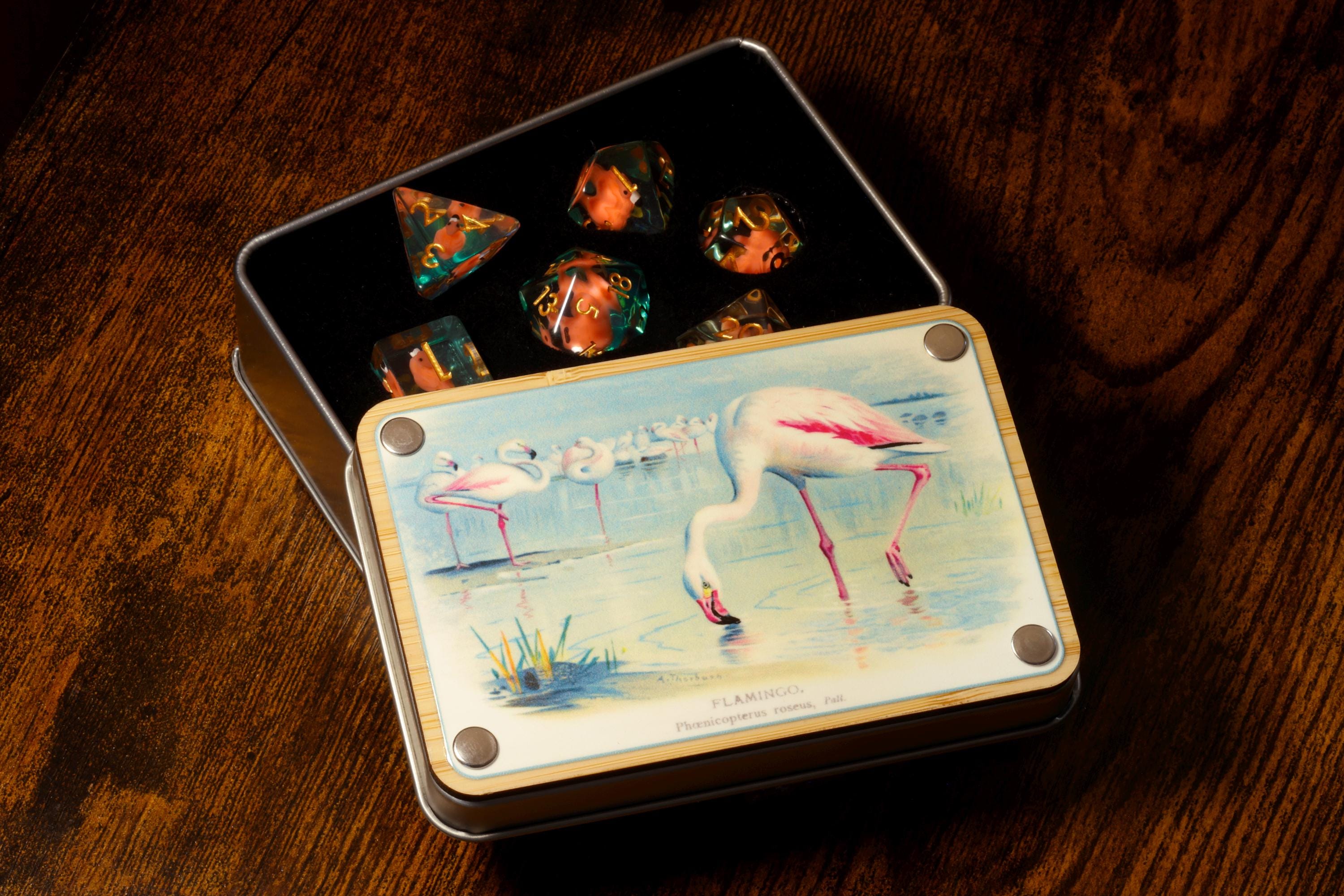 Natural History flamingoes dice box and set