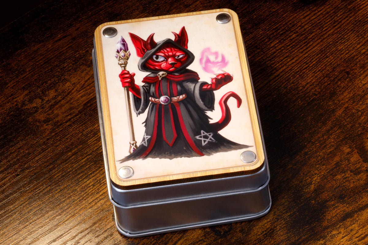 Warlock Cat Dice Box & Dice Set – Winged Demonic Cat Inclusions on Red Layer