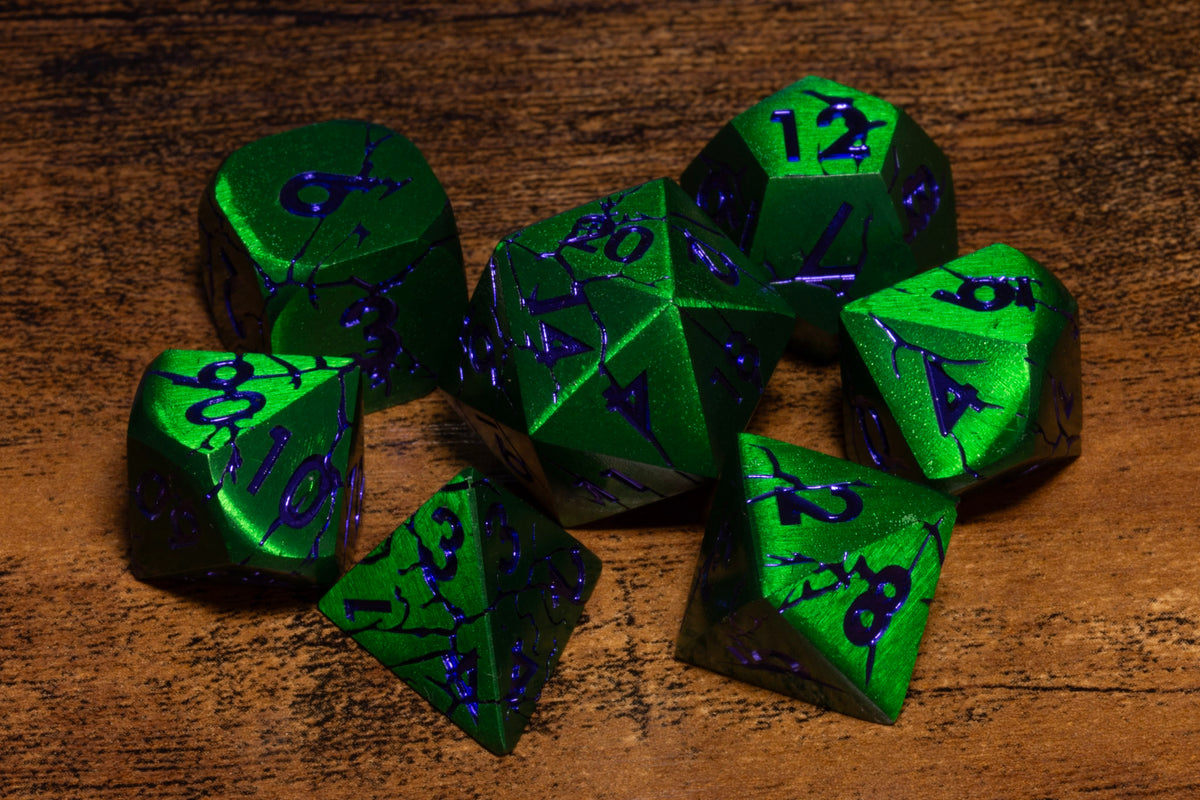 Meteor Shard 7-Piece Metal Dice Set – Green with Purple Numbers