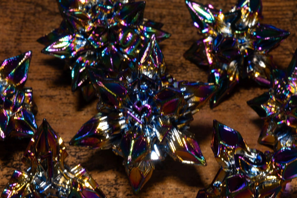 Blooming Stars 7-Piece Metal Dice Set – Rainbow Iridescent