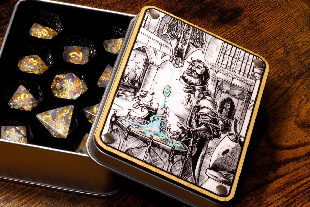 Sacred Renewal Dice Box & Sacred Opal 11-Piece Dice Set – Old-School DnD Style Artwork