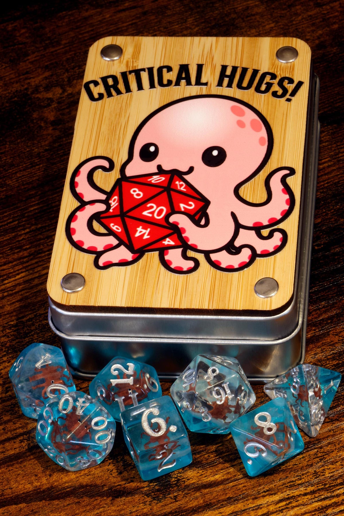 Critical Hugs Dice Box & Octopus Dice Set – Octopus Inclusions on Blue Layer