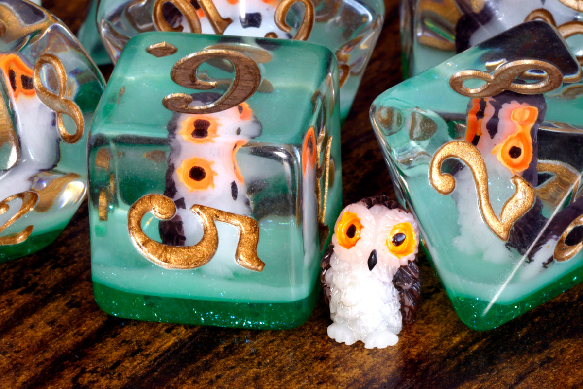 Natural History Owl Dice Box & 7-Piece Set – Owl Inclusions on Green Layer