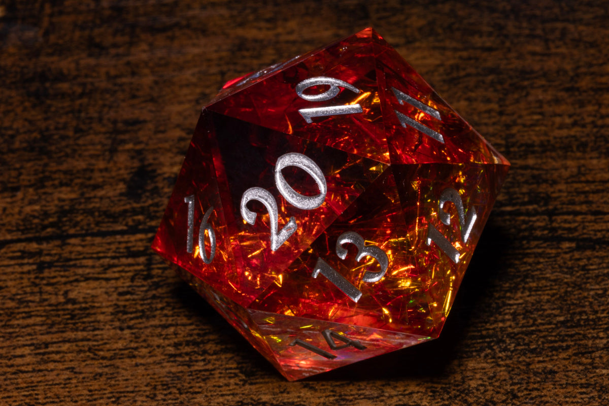 Fire Opal Countdown D20 Life Counter – Red-Orange with Holographic Foil & Silver Numbers – photo 1